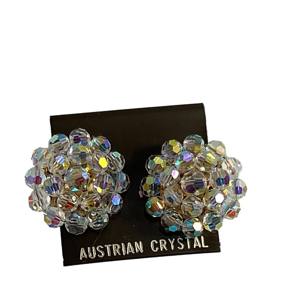 Austrian Crystal Aurora Borealis Clip On Earrings Clear Round Gold Tone 1"